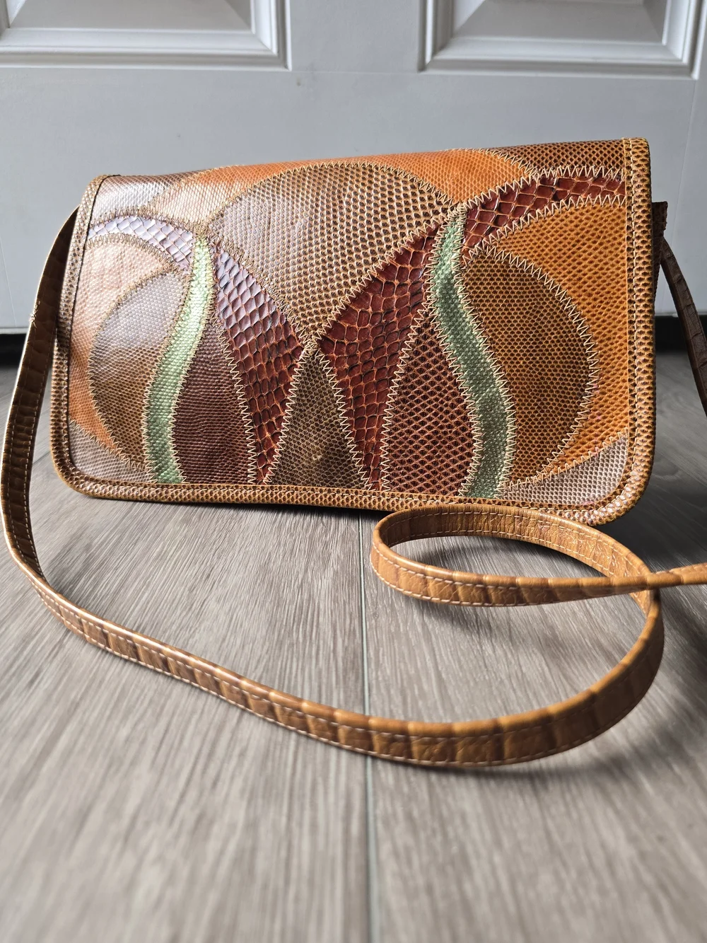 Furst & Mooney Vintage Leather Snakeskin Pattern Patchwork Crossbody Bag Brown